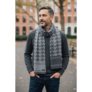 Gant Men's Houndstooth Scarf Gray 100% Lambswool Classic Winter Accessory